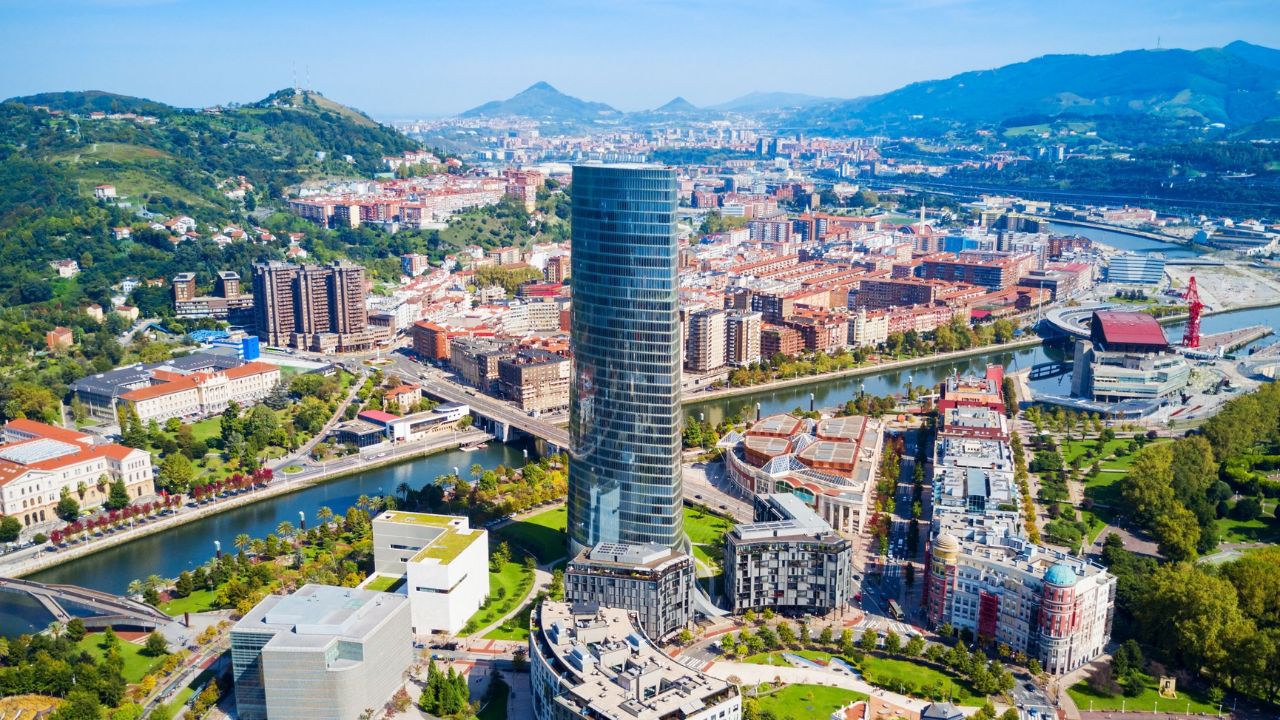 Bilbao aerial panoramic view. Bilbao is the largest city in the Basque Country in northern Spain.