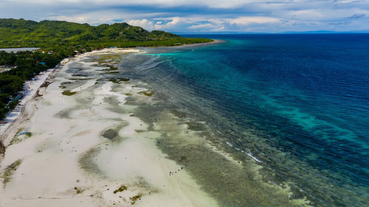 Aerial drone view of a large sandy beach in Anda, Bohol, Philippines