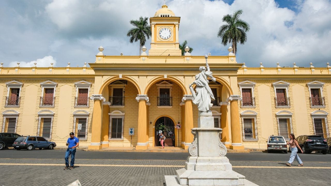 Santa Ana, El Salvador - August 18, 2025: Municipal Palace next to Libertad Park in Santa Ana, El Salvador.