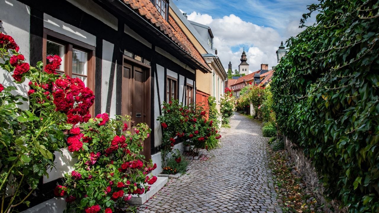 Narrow street in the historical old town in Visby, Sweden.
