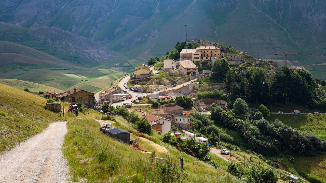 Castelluccio di Norcia, Umbria, Italy, in Sibillini mountains National Park during the flowering of the fields on the plateau in late june 2024