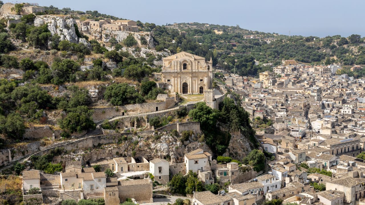 Aerial view of Scicli, province of Ragusa, Sicily, Italy