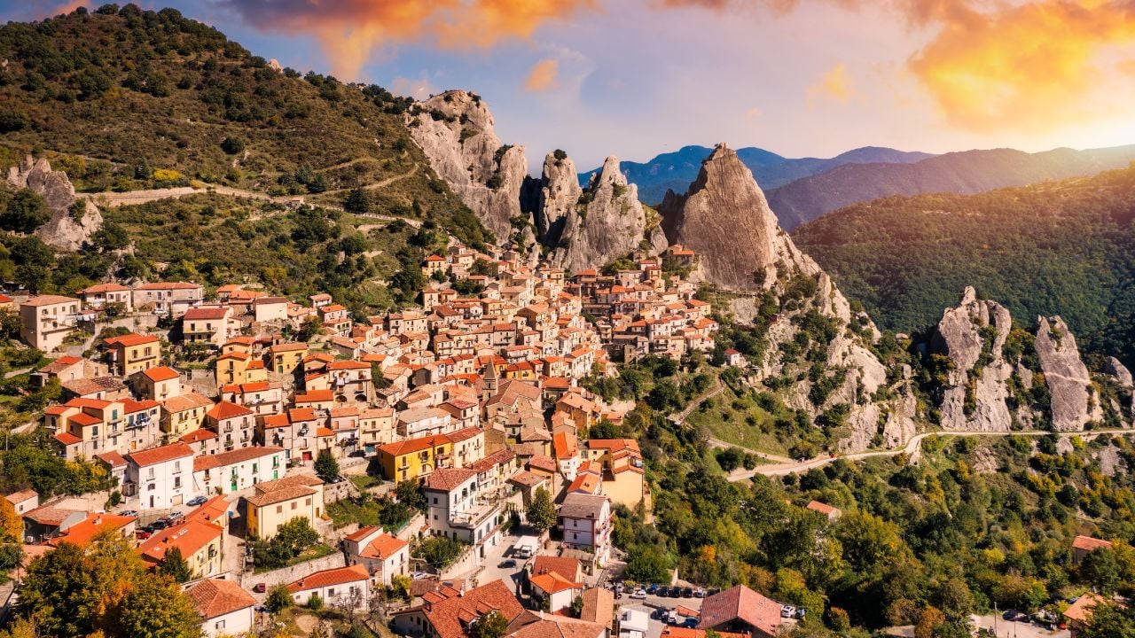 The picturesque village of Castelmezzano, province of Potenza, Basilicata, Italy. Cityscape aerial view of medieval city of Castelmazzano, Italy. Castelmezzano village in Apennines Dolomiti Lucane.