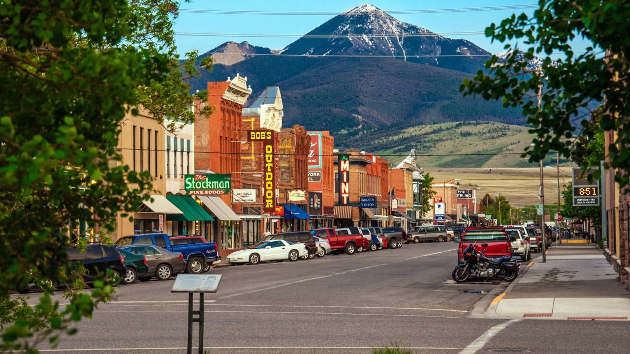 LIVINGSTON, MONTANA, USA - MAY 25, 2013 : Historic centre of Livingston near Yellowstone National Park. Even in the summer time there is snow at the hill behind the city