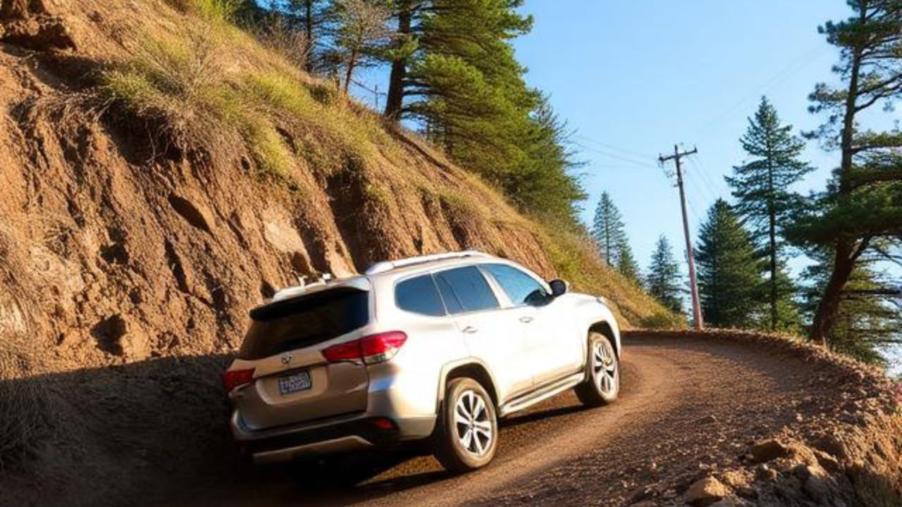 An SUV driving uphill.