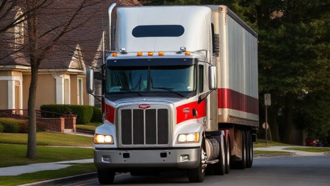 Semi-truck in a residential street.