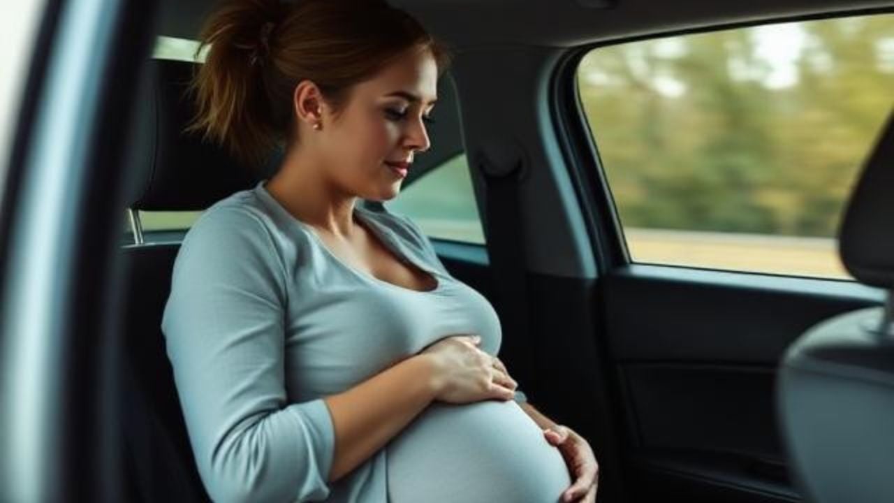 Pregnant woman in a car.