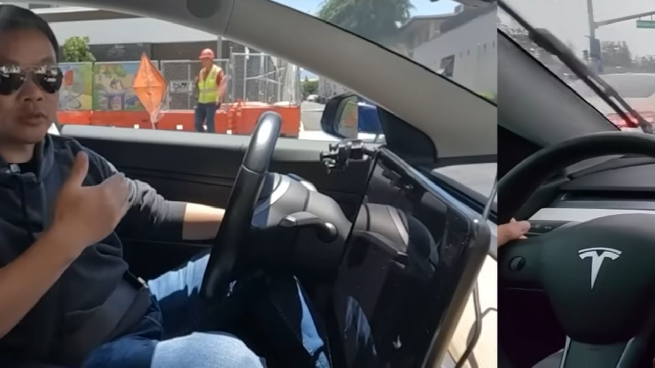 Jim Fan behind the wheel of a Tesla.
