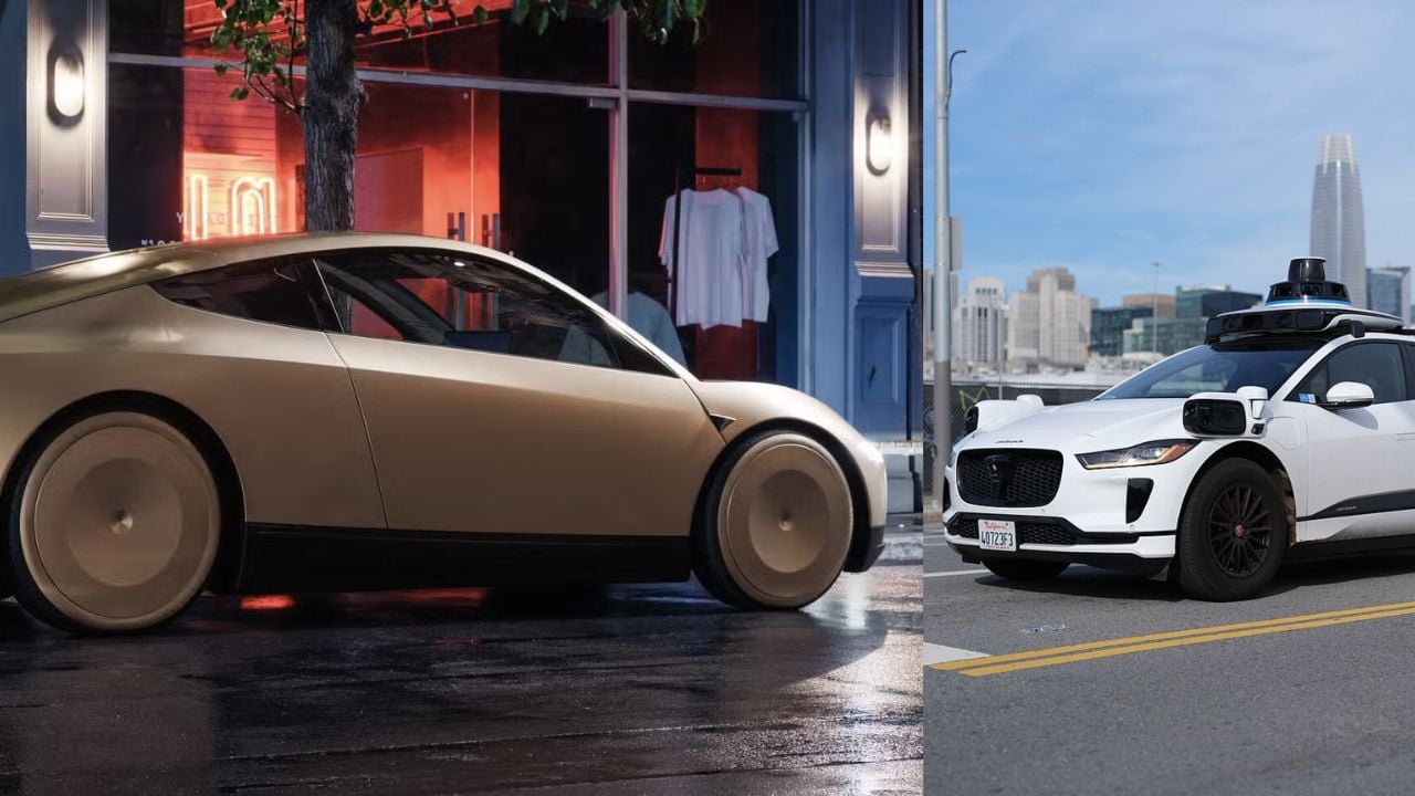 Tesla robotaxi concept versus Waymo Jaguar i-pace.