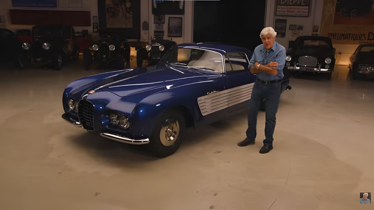 Jay Leno with his new 1953 Ghia Cadillac.