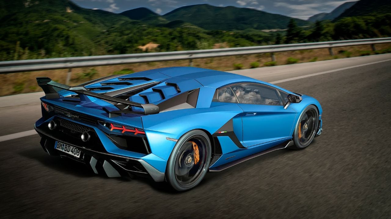 Barcelona, Spain - Blue Lamborghini Aventador SVJ V12 supercar is driving at high speed on the highway with green hills on blurred background. Motion blur, dramatic sky
