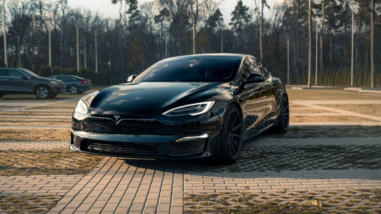 Kharkiv, Ukraine - Electric vehicle Tesla Model S Plaid