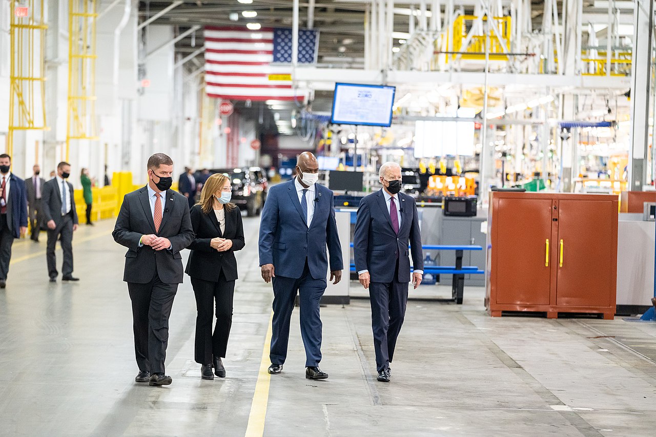 President Joe Biden tours car factory with Mary Barra.