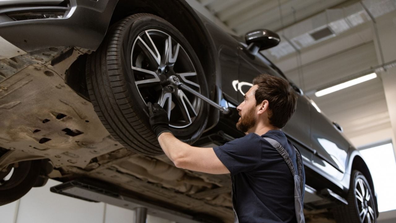 Mechanic in auto repair shop adjusting car tire on lift using professional tools. Image depicts vehicle maintenance, tire service, and automotive expertise.