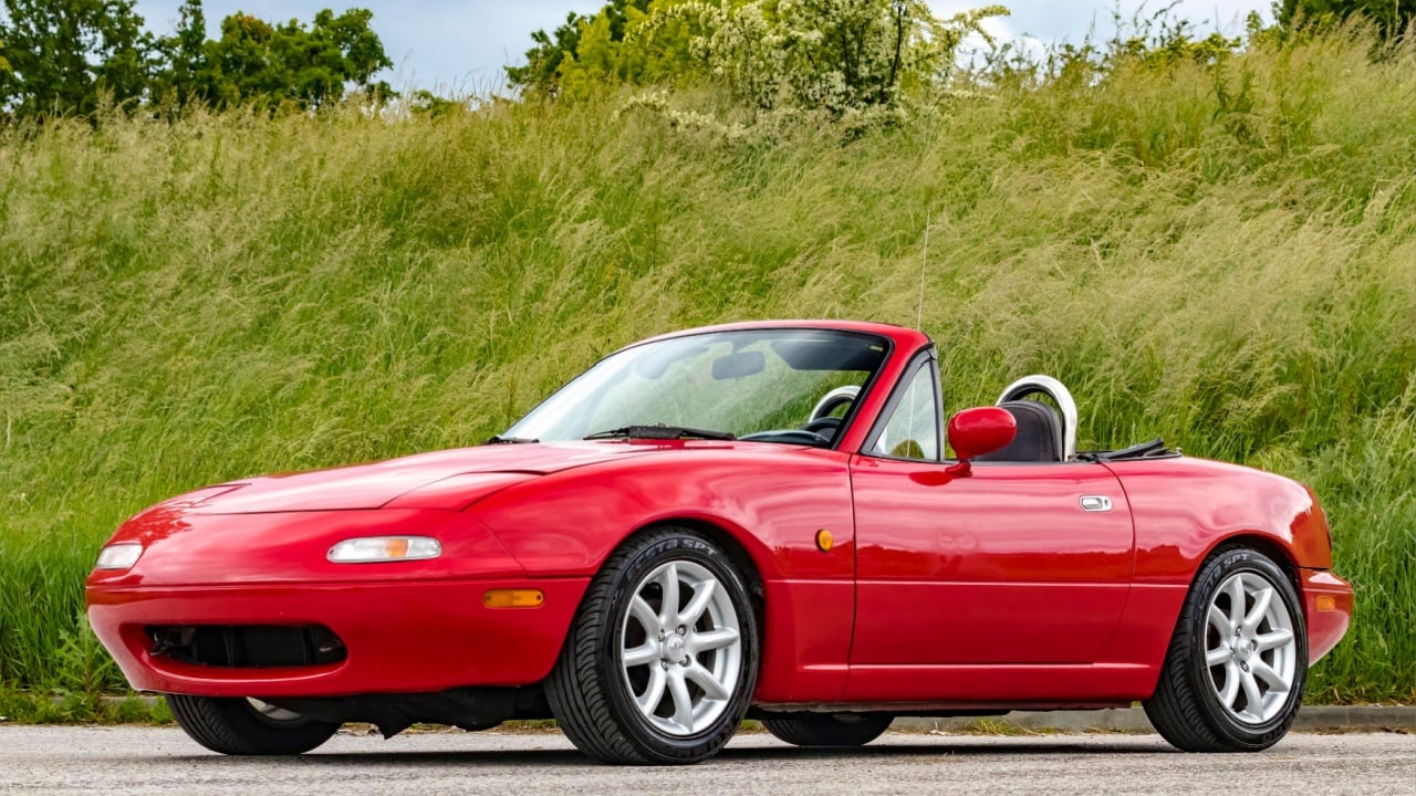 Zagreb, Croatia - May 20, 2019: Mazda MX-5 aka Miata stopped on the road. This iconic Japanese sports roadster became very popular in the eighties because it was affordable.