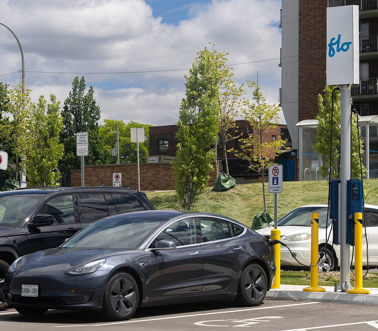 Tesla Model 3 charging, Windsor, Ontario.
