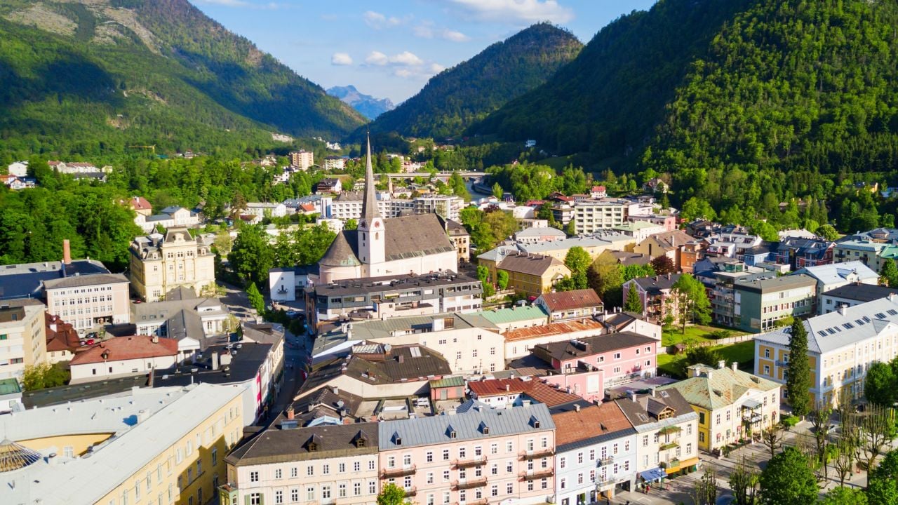Bad Ischl aerial panoramic view, Austria. Bad Ischl is a spa town in the centre of the Salzkammergut region in Upper Austria.