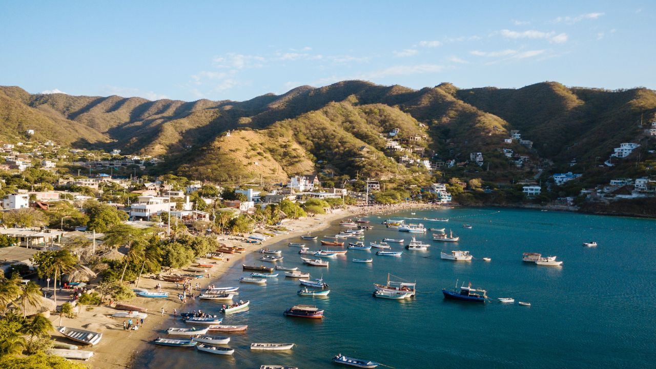 Aerial by drone of Taganga, Magdalena Department, Caribbean, Colombia, South America