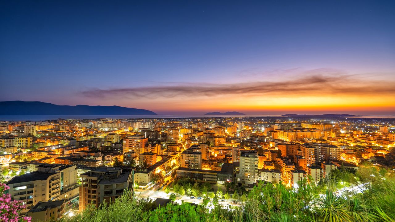 Albania- Vlora- cityscape as seen from hill Kuzum Baba.