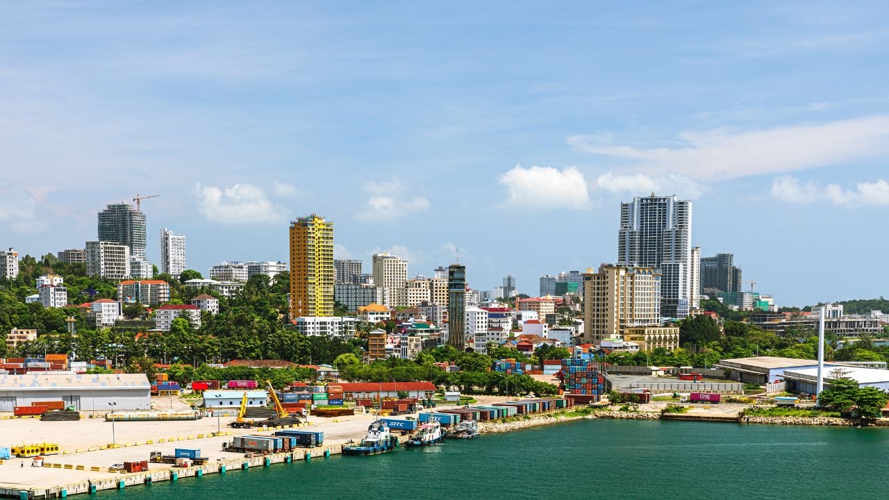 Sihanoukville, Cambodia - 17th May 2023: Sihanoukville City View from Shipping Port. Colourful buildings and skyline in Cambodia's Fastest growing economy from Chinese investment.