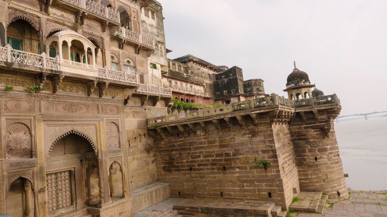 Historic palace architecture along the riverfront in Varanasi, India