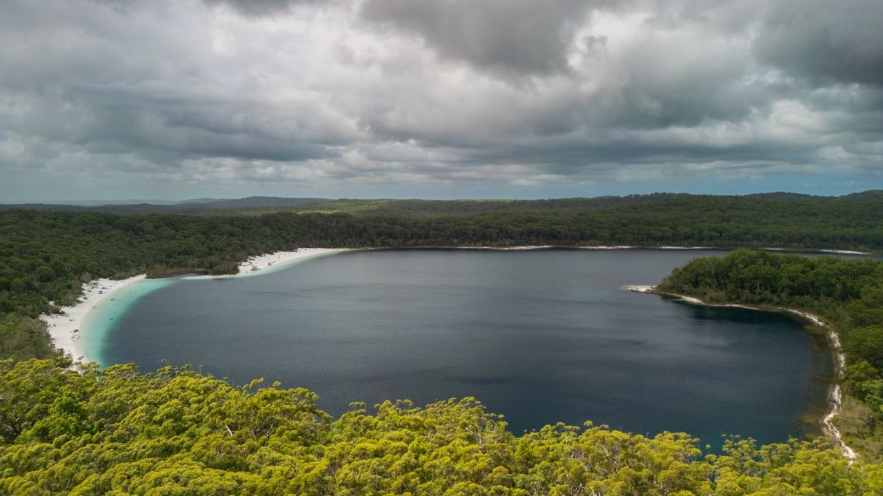 Aerial views of Lake McKenzie on the sand island of K’gari, Queensland, Australia
