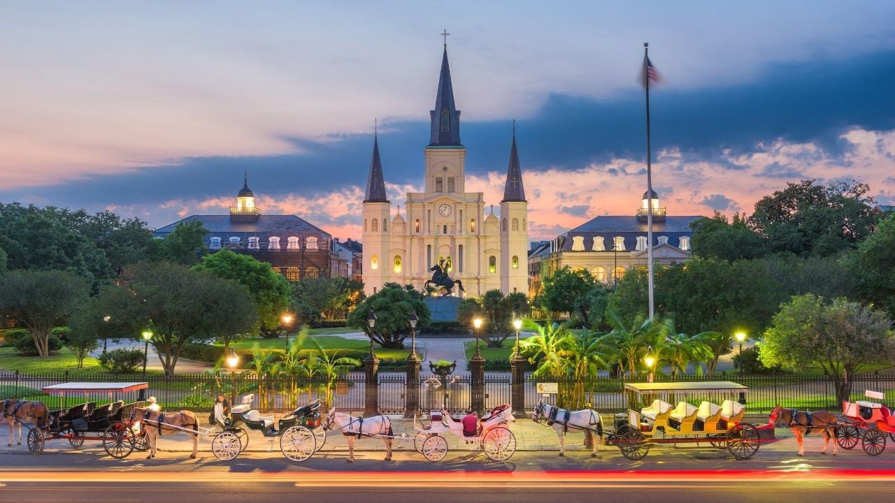 New Orleans, Louisiana, USA view at Jackson Square at night.