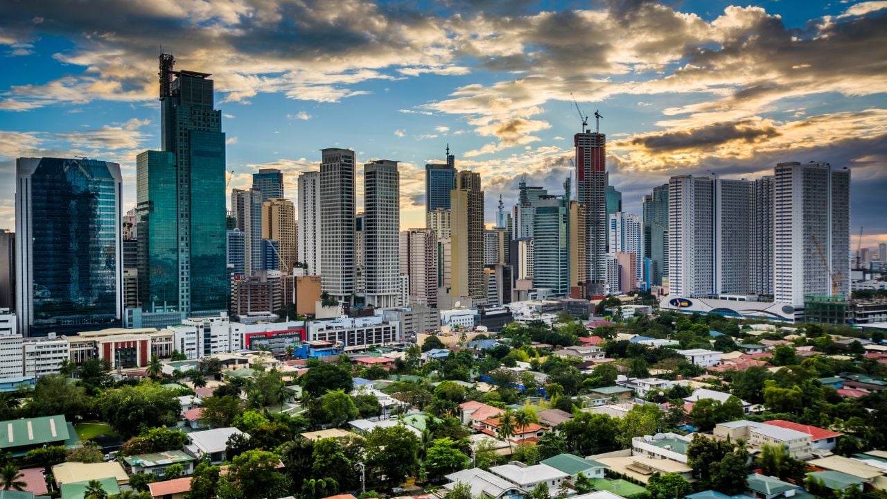 View of the skyline of Makati at sunset, in Metro Manila, The Philippines.