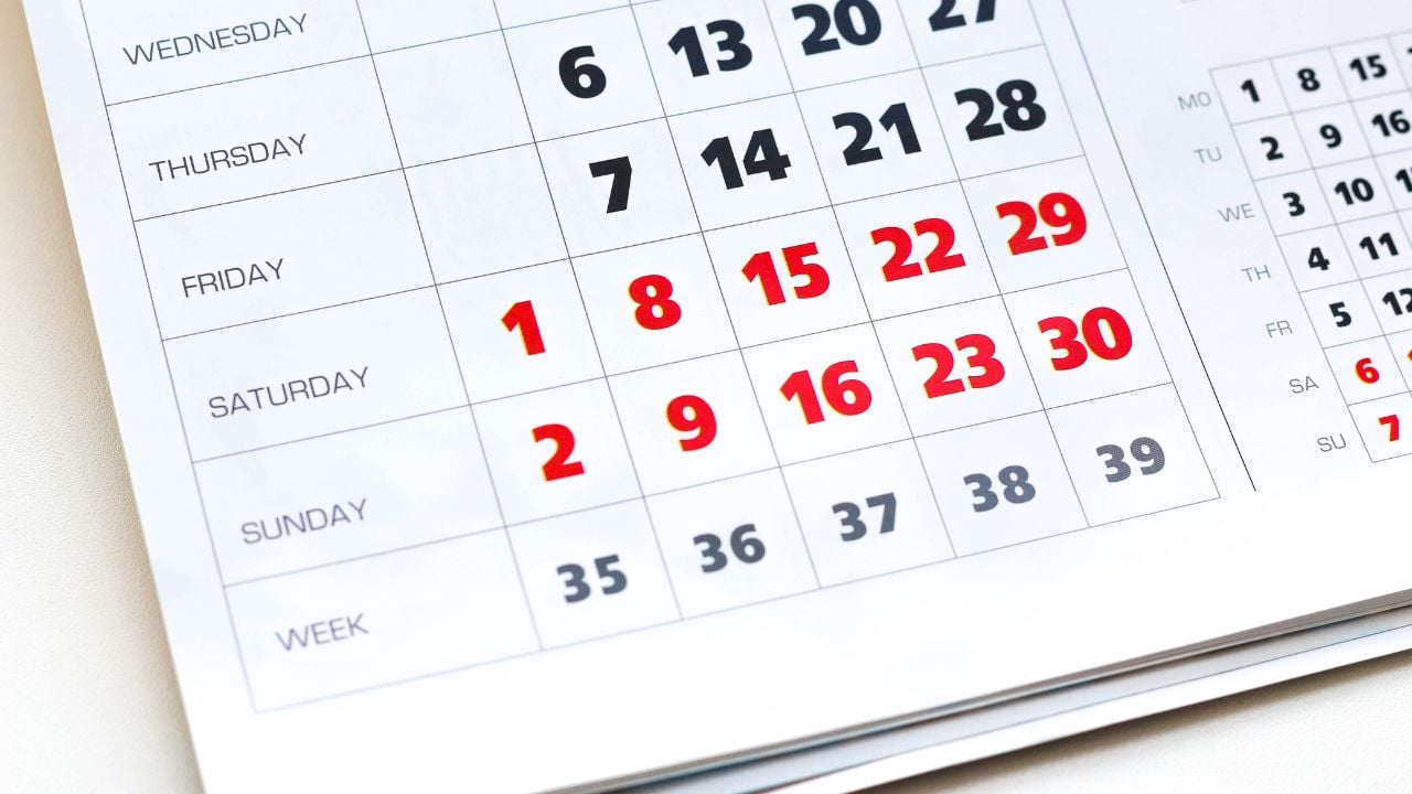 White calendar. Weekends are highlighted in red. Close up