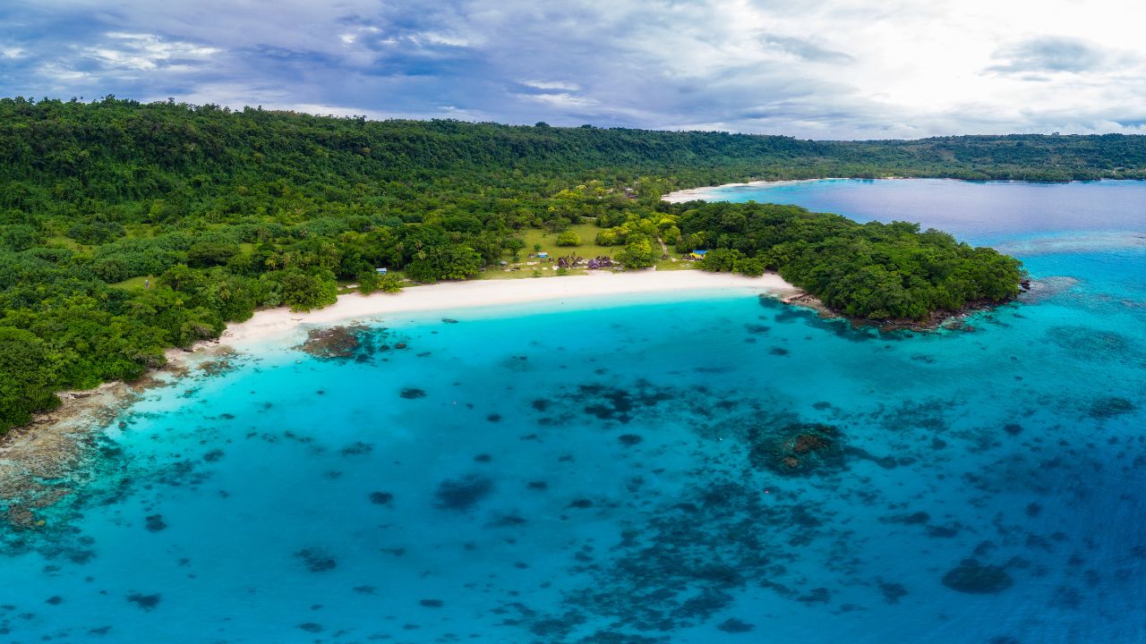 Drone view Champagne Beach, Vanuatu, Espiritu Santo island, near Luganville, South Pacific