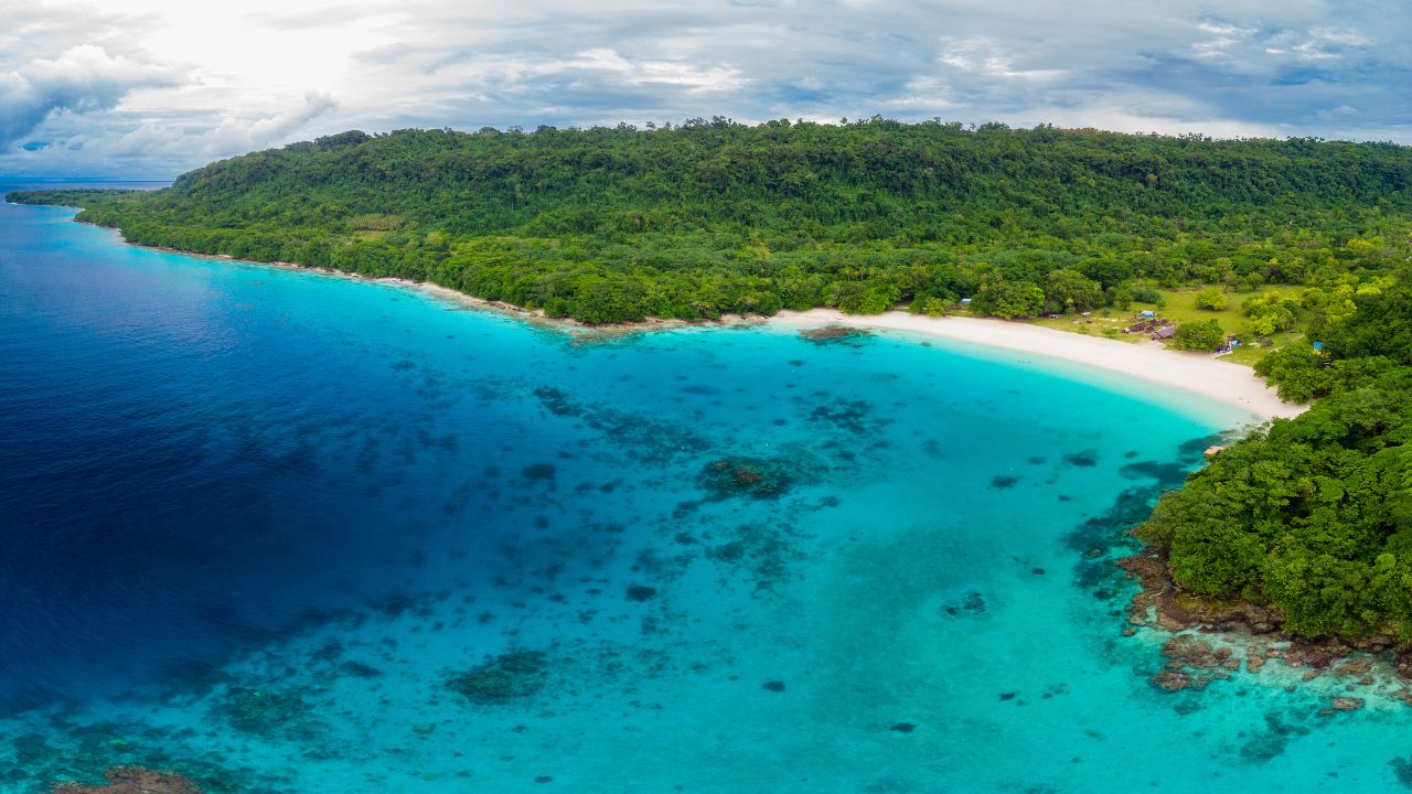 Drone view Champagne Beach, Vanuatu, Espiritu Santo island, near Luganville, South Pacific