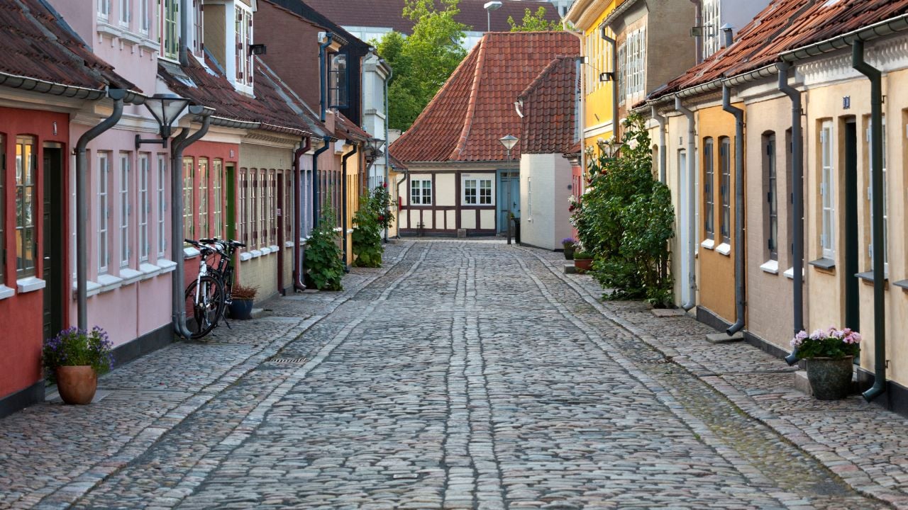 Cobblestone alley in the old quarter of Odense, Denmark