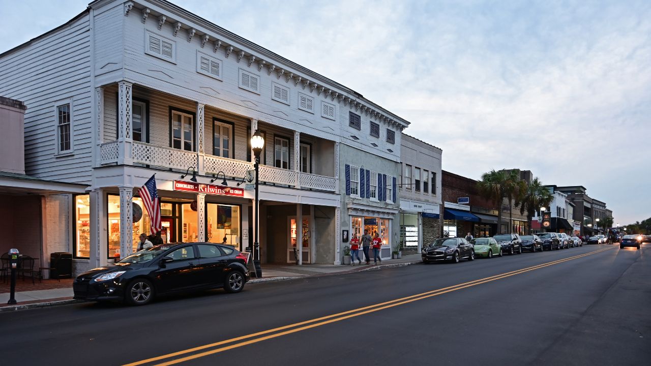 Beaufort, South Carolina - October 18, 2019: Dowtown historic district of Beaufort, South Carolina at dusk.