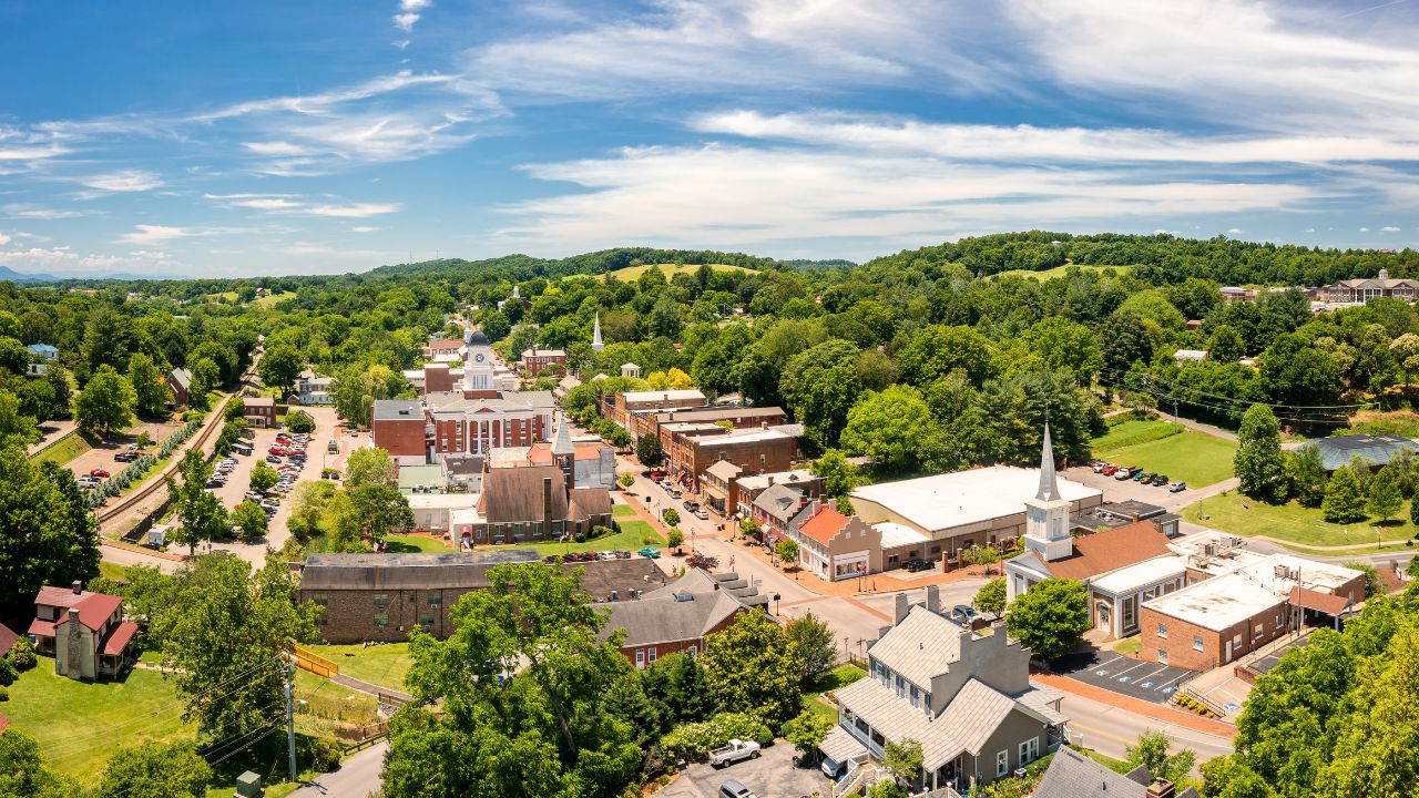 Aerial view of Tennessee's oldest town, Jonesborough. Jonesborough was founded in 1779 and it was the capital for the failed 14th State of the US, known as the State of Franklin