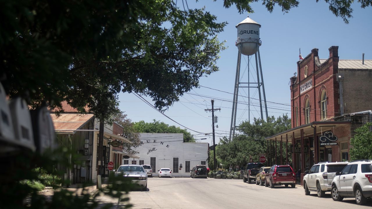Gruene, Texas - May 19 2020: downtown shops with water tower and dance hall
