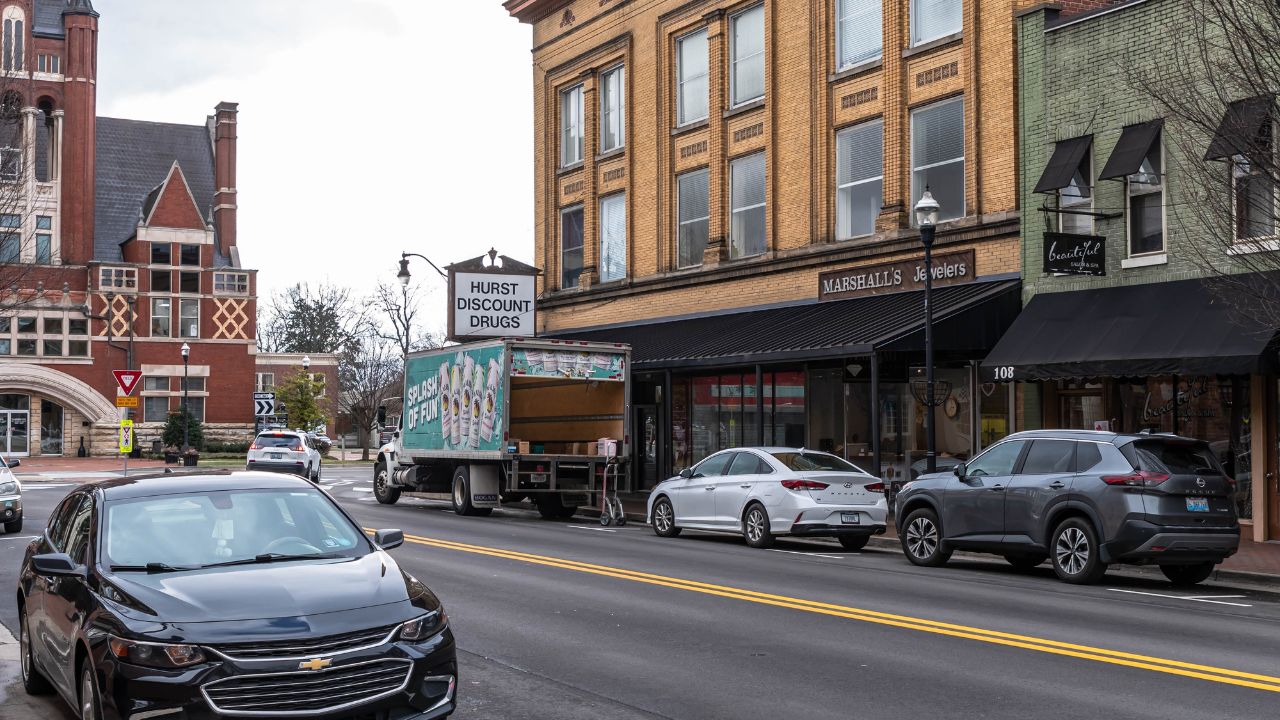 Bardstown, Kentucky, USA January 26, 2024 A view of North Third Street with businesses and parked cars on an overcast winter day