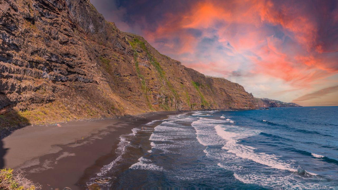 Panoramic from above of the Nogales beach in the east of the island of La Palma at sunset, Canary Islands. Spain