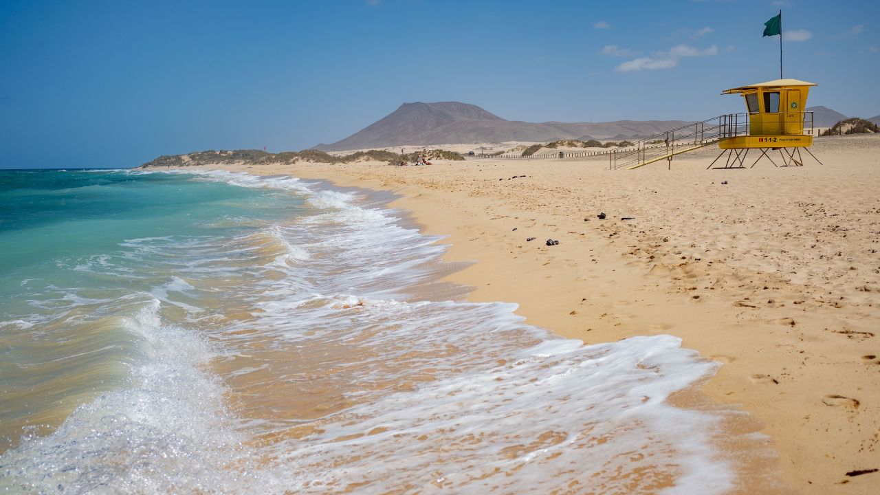 a wonderful beach full of sand but also rocky on the Spanish island of Fuerteventura