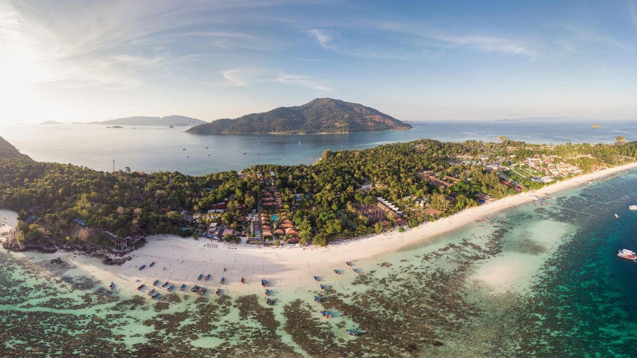 Aerial view Scenery of Lipe island with coral reef in tropical sea on summer