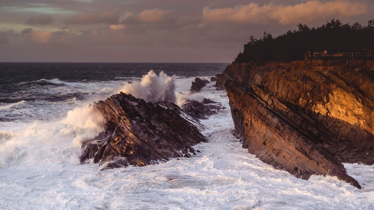 Shore Acres near Coos Bay in Southern Oregon strong waves winter storm global warming