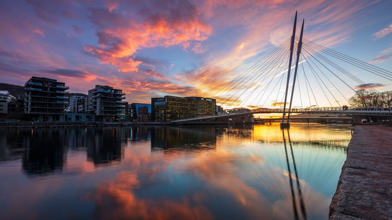 Drammen / Norway - March 27 2019: The Ypsilon pedestrian bridge in Norwegian town of Drammen.