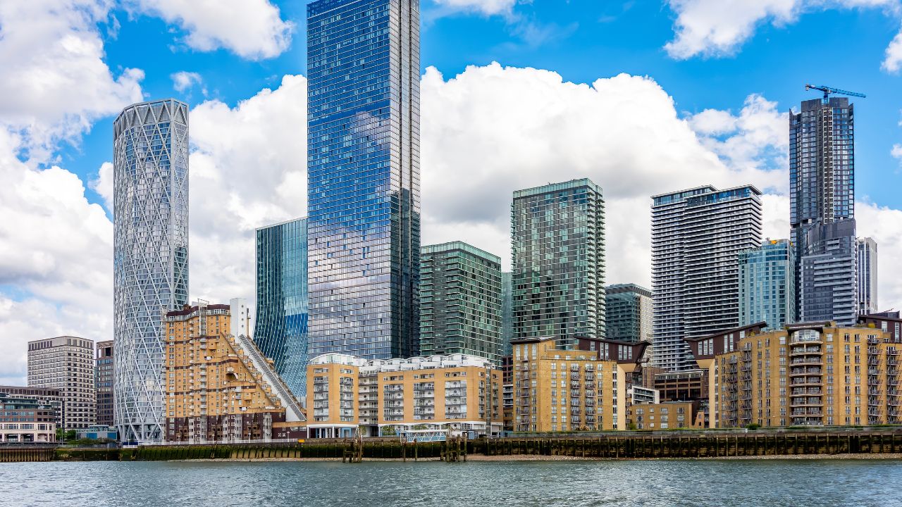 Canary Wharf skyscrapers and Thames river, London, UK