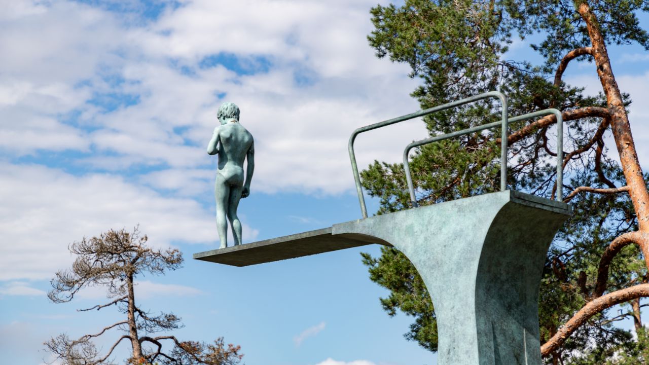 Oslo, Norway - August 12th, 2023: A picture of the Dilemma sculpture at the Ekebergparken Sculpture Park. Designed by Elmgreen and Dragset in 2017.