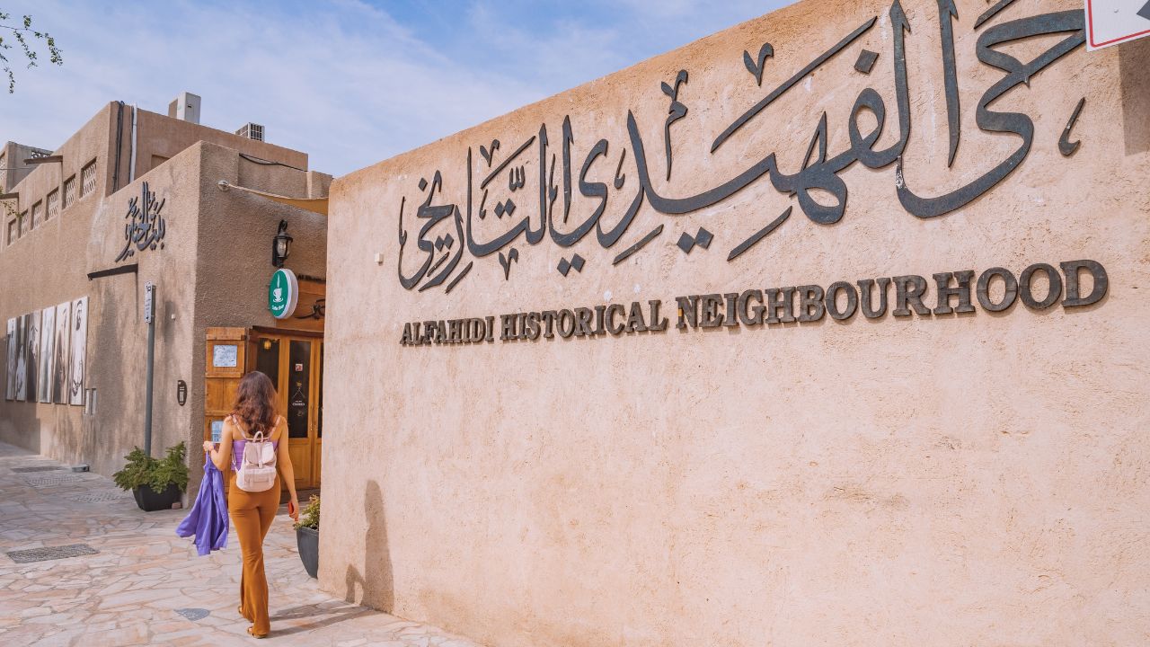 17 January 2023, Dubai, UAE: Tourist girl at Al Fahidi historical district and neighbourhood