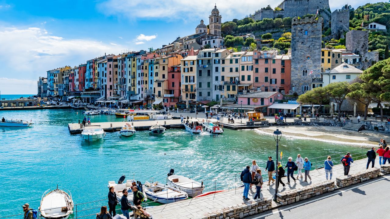 Portovenere, Italy - May 25 2024: Portovenere marina, Panorama of colorful picturesque harbour of Portovenere, Italian Riviera, Liguria.