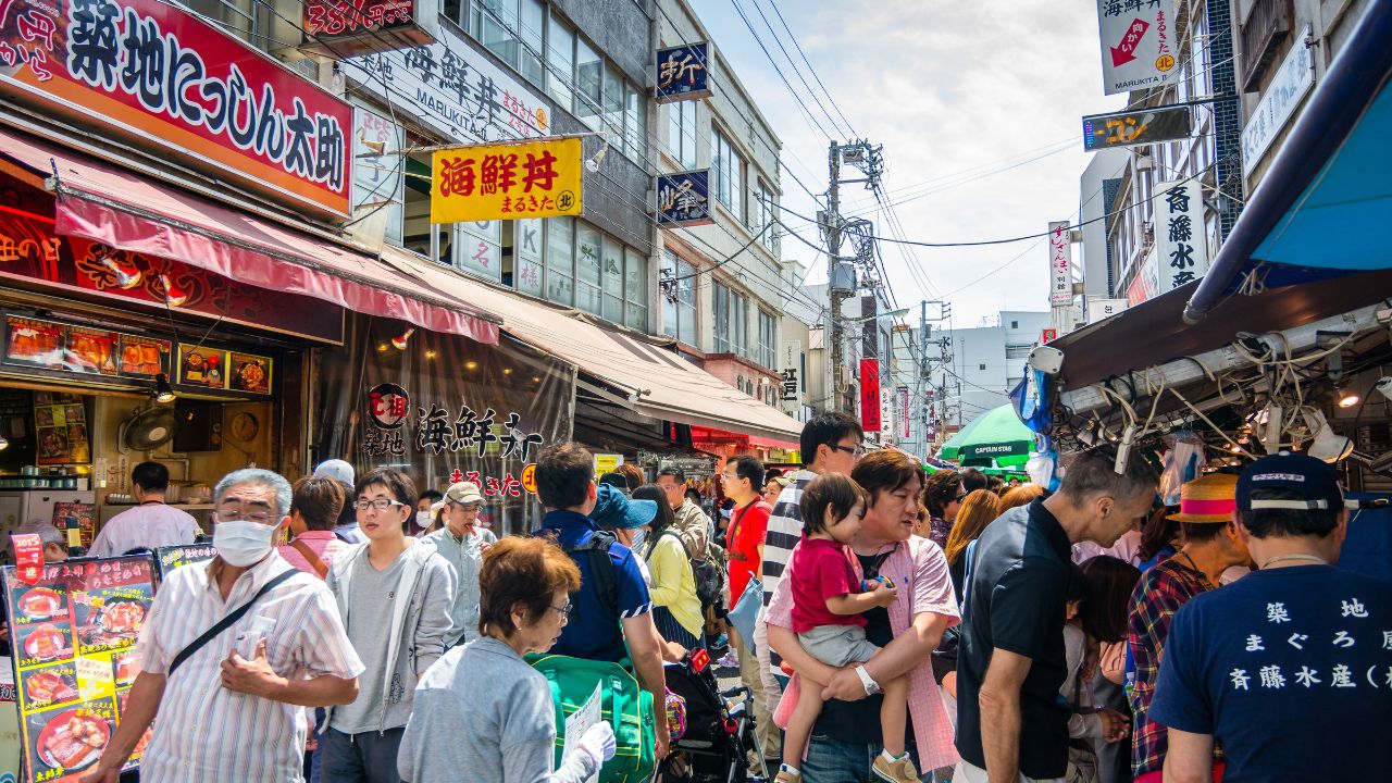 TOKYO,JAPAN - 5 May 2015 :An outer market of Tsukiji whose retail shops and restaurants carter to the public.