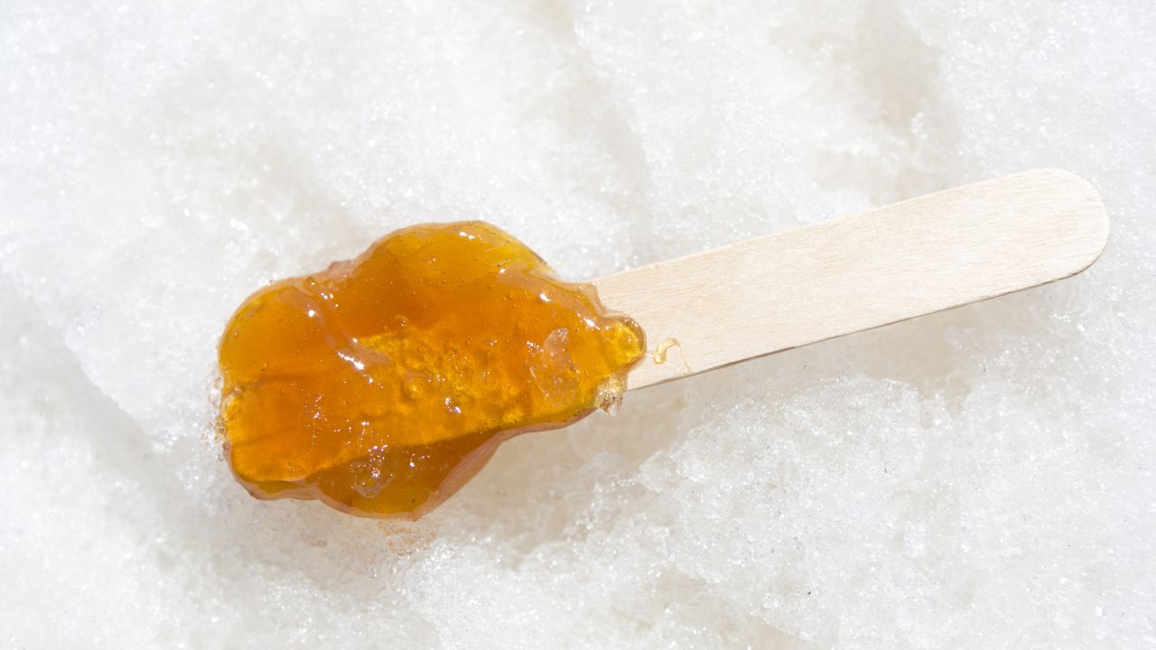 Zoomed photo with shallow depth of field of a taffy maple on a wood stick rolled over a snow bank during sugar shack period. Photo taken in Quebec, Canada, in a sugar shack.