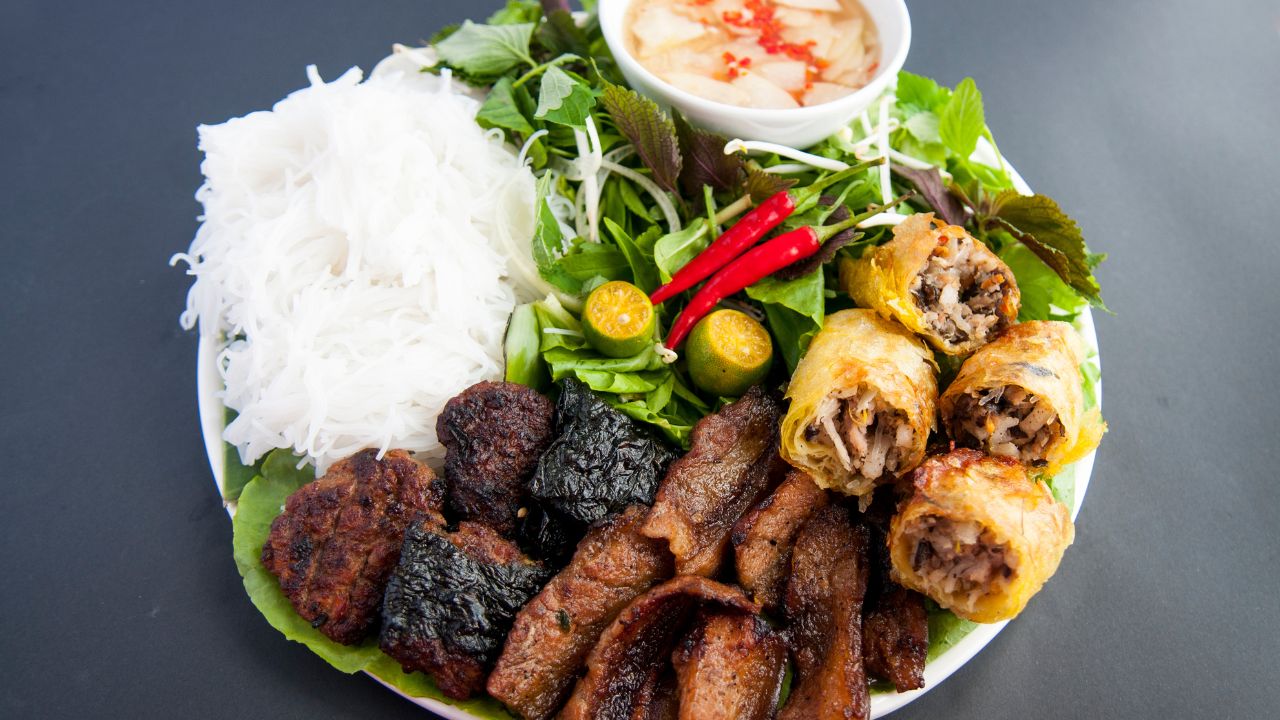 Bun cha Vietnam, grilled pork rice noodles and herbs, vietnamese cuisine