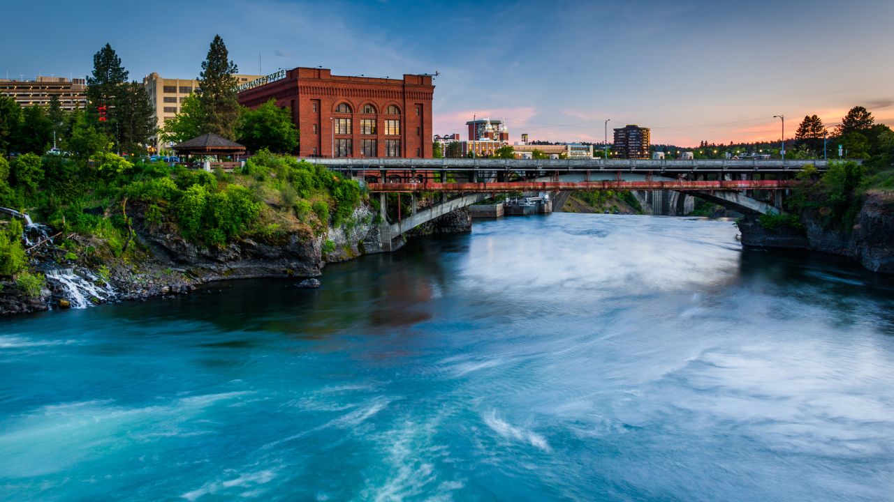 The Spokane River at sunset, in Spokane, Washington.