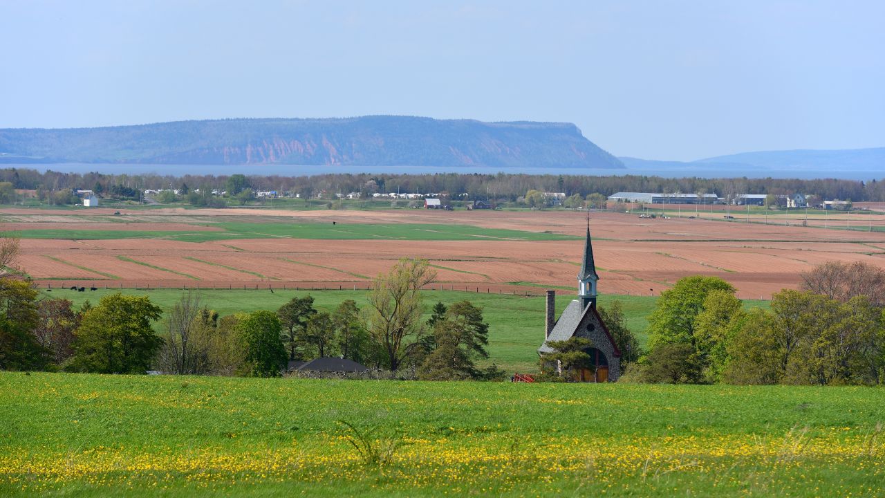 Memorial Church in Grand Pre National Historic Site, Wolfville, Nova Scotia, Canada. Grand-Pré area is a center of Acadian settlement from 1682 to 1755. Now this site is a UNESCO World Heritage Site.